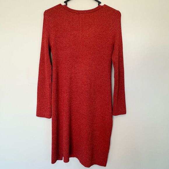 BCBGMAXAZRIA Rust Ribbed Knit Long Sleeve Dress Cutout Shoulder Slit - Picture 3 of 7